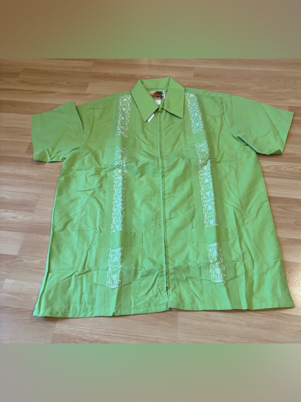 The Genuine Haband Guayabera Embroidered Bright Lime Green- Vintage‎